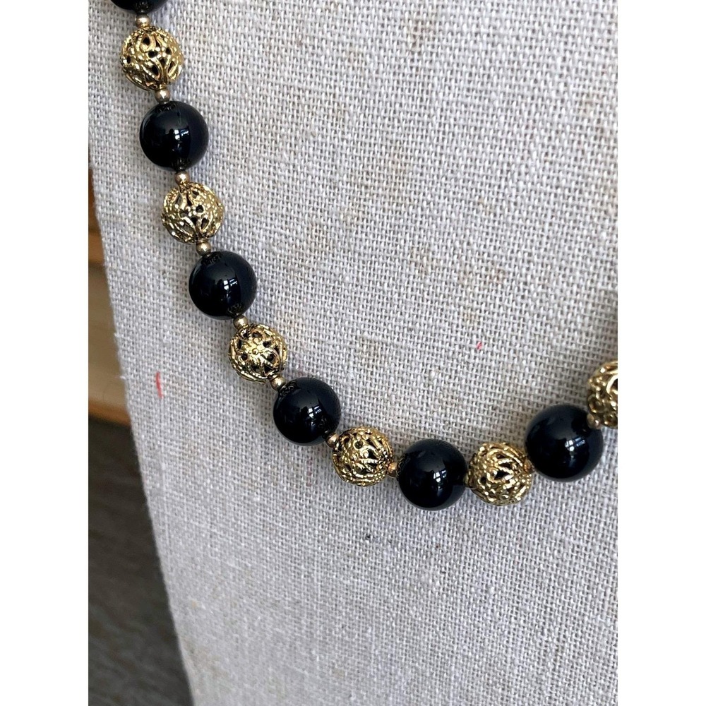 Vintage 28" Black Onyx & 4/20 Gold Filled Filigree Bead Statement Necklace 61g - Picture 3 of 7